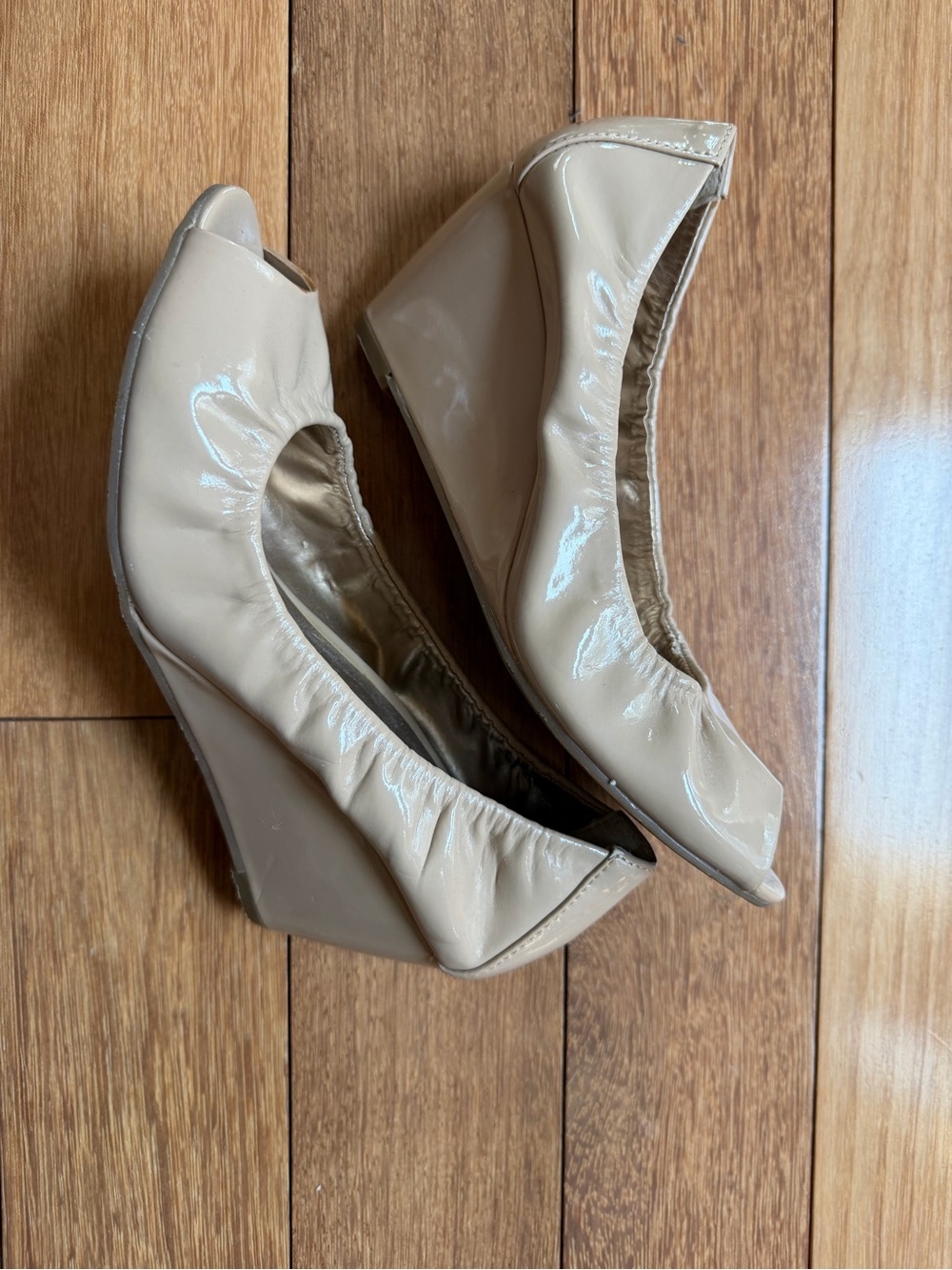 BCBGeneration Nude Patent Peep-Toe Wedge Heels